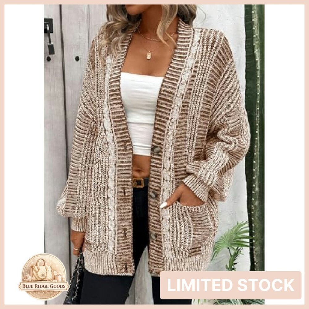Oversized Cable Knit Cardigan Sweater Long Sleeve Vintage Chic Outerwear - Picture 5 of 8